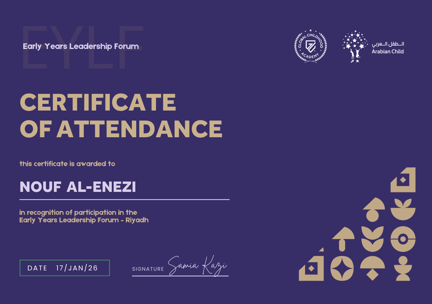 Sample Early Years Leadership Forum certificate of attendance issued by Arabian Child and Global Childhood Academy